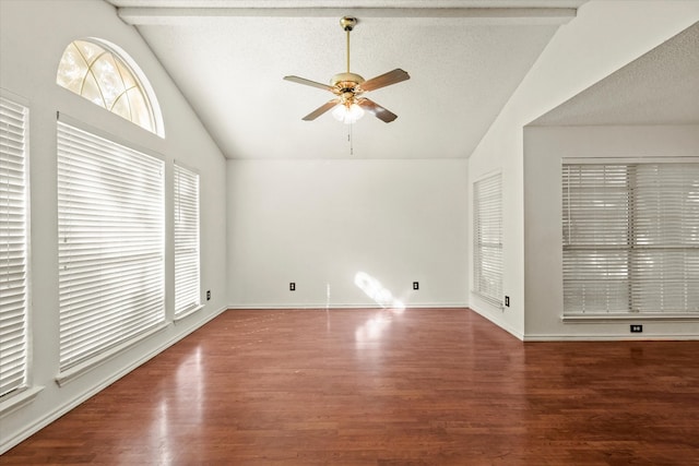 interior space featuring a textured ceiling, hardwood / wood-style flooring, high vaulted ceiling, and ceiling fan