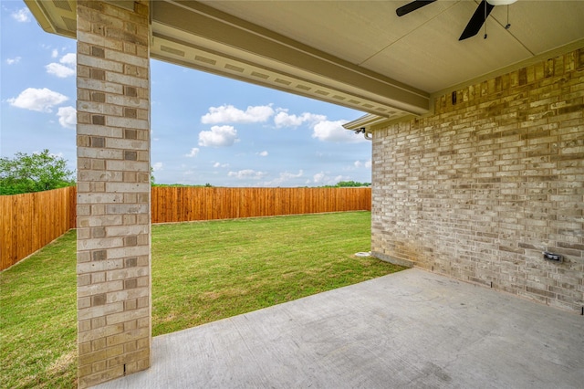 103 S Crestside Dr, Blue Ridge, TX 75424 - view of yard featuring a fenced backyard, a ceiling fan, and a patio area