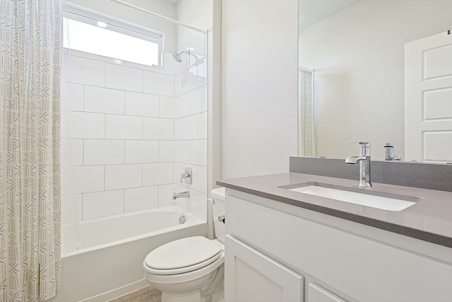 full bathroom featuring vanity, toilet, and shower / bathtub combination with curtain