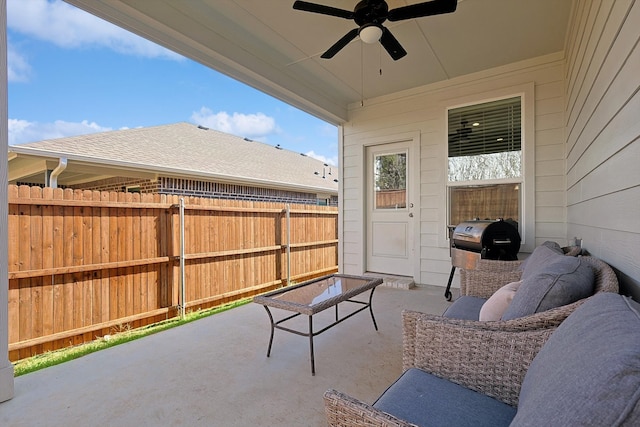 view of patio / terrace with ceiling fan and an outdoor hangout area