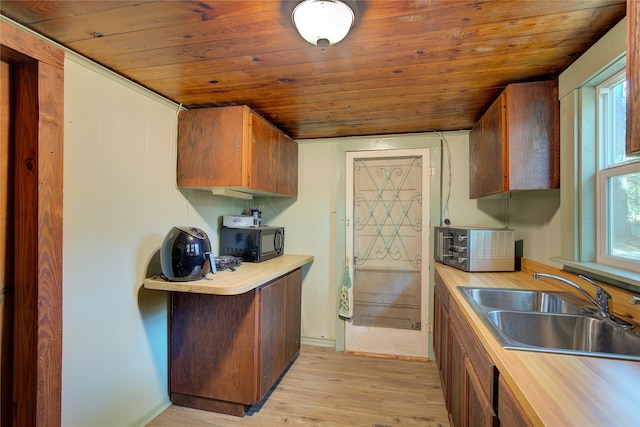 kitchen featuring wooden ceiling, sink, light hardwood / wood-style floors, and plenty of natural light