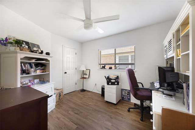 home office featuring ceiling fan and dark wood-type flooring