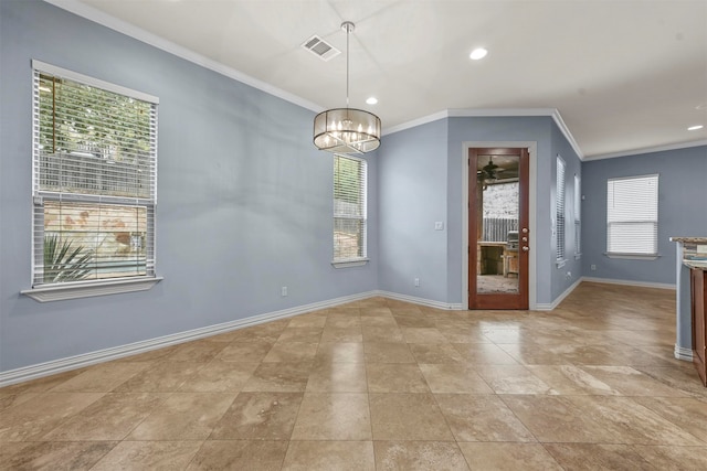 unfurnished dining area with a notable chandelier and ornamental molding