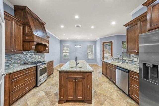 kitchen featuring decorative backsplash, hanging light fixtures, stainless steel appliances, and sink