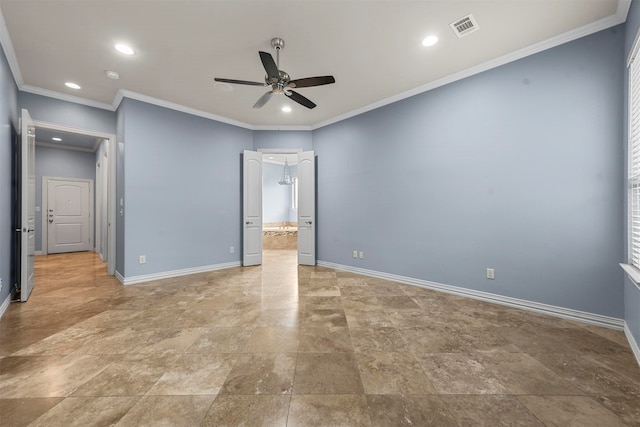 unfurnished bedroom with ceiling fan and crown molding