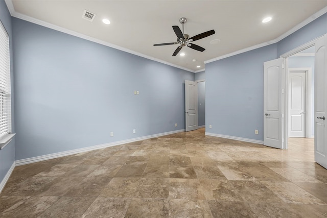 unfurnished bedroom featuring ceiling fan and ornamental molding