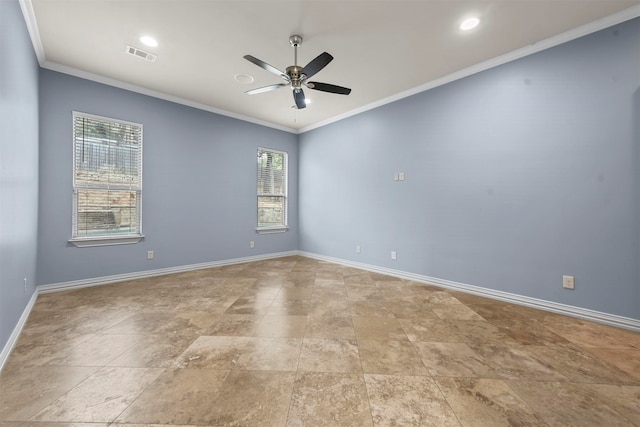 empty room with ceiling fan and ornamental molding