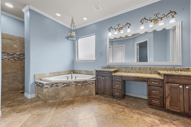 bathroom with crown molding, vanity, and a relaxing tiled tub