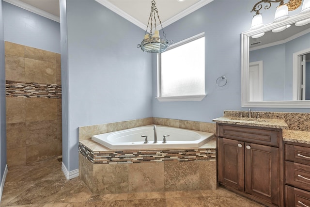 bathroom with vanity, a relaxing tiled tub, and ornamental molding