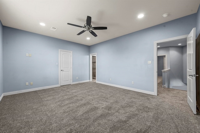 unfurnished bedroom featuring ceiling fan and carpet floors