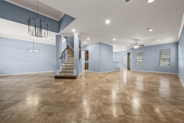 unfurnished living room featuring ceiling fan with notable chandelier and ornamental molding