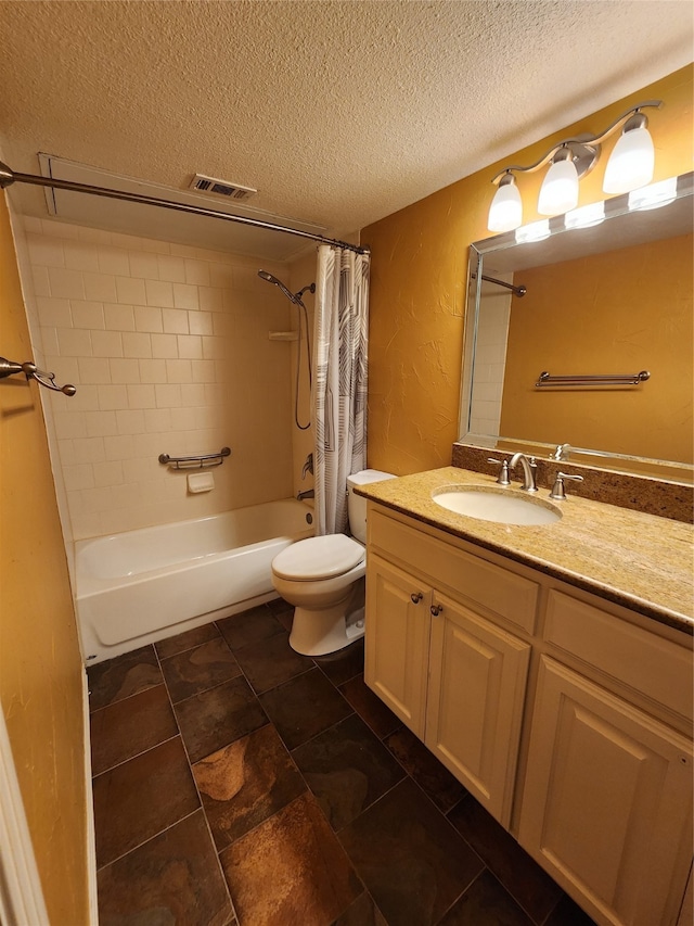 full bathroom with shower / bath combination with curtain, toilet, a textured ceiling, and vanity