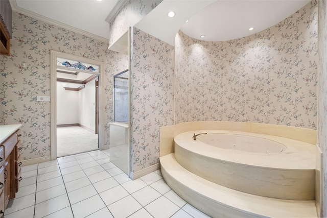 bathroom with tile patterned floors, vanity, crown molding, and shower with separate bathtub