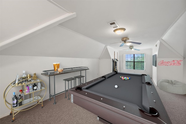 recreation room with vaulted ceiling, ceiling fan, carpet flooring, and billiards