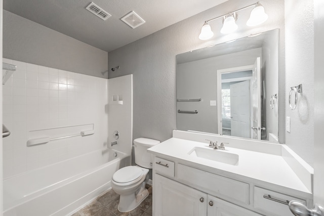 full bathroom with vanity, shower / washtub combination, toilet, and tile patterned flooring