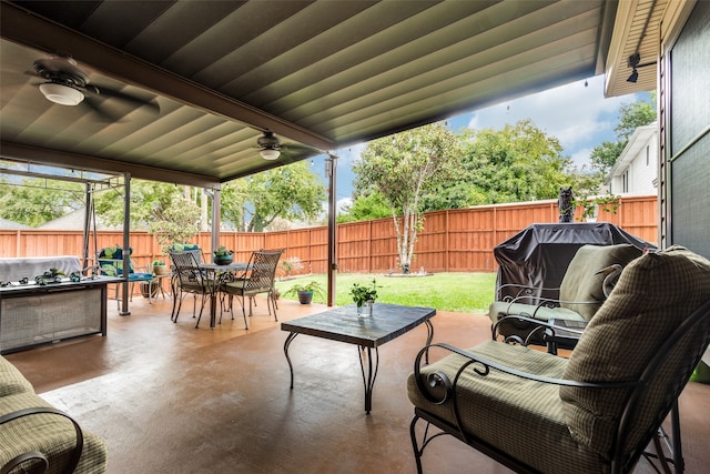 view of patio / terrace featuring outdoor lounge area, ceiling fan, and grilling area