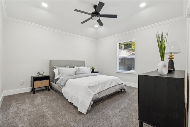 bedroom with carpet flooring, ceiling fan, and ornamental molding