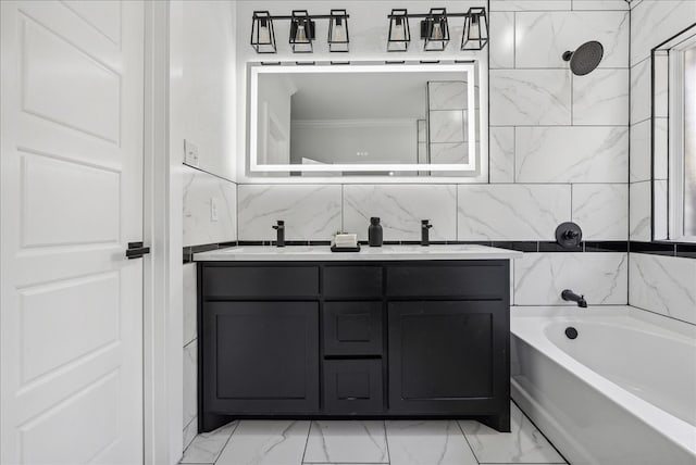 bathroom featuring vanity and tiled shower / bath