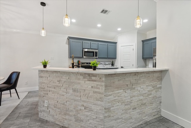 bar featuring stainless steel appliances, hanging light fixtures, ornamental molding, and light tile patterned flooring