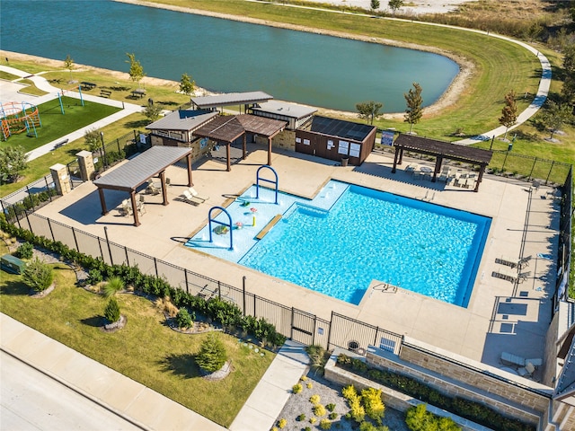 view of swimming pool with a gazebo, a patio area, and a water view