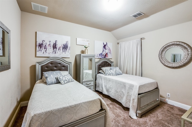 bedroom with carpet and vaulted ceiling