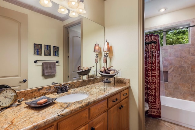 full bathroom with toilet, ornamental molding, vanity, shower / tub combo with curtain, and tile patterned floors