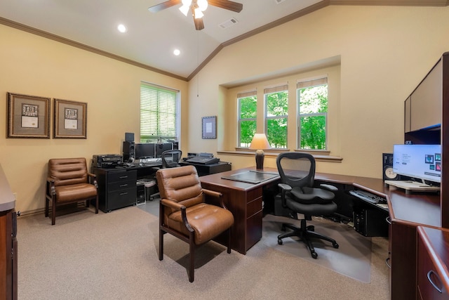 carpeted office with crown molding, lofted ceiling, a wealth of natural light, and ceiling fan