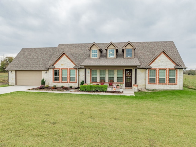 cape cod home featuring a front lawn and a garage