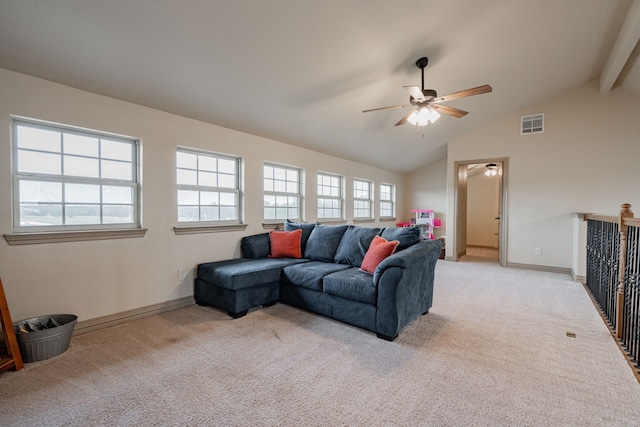 living room featuring lofted ceiling with beams, light carpet, and ceiling fan