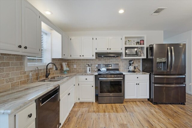 kitchen featuring appliances with stainless steel finishes, sink, light wood-type flooring, and white cabinets