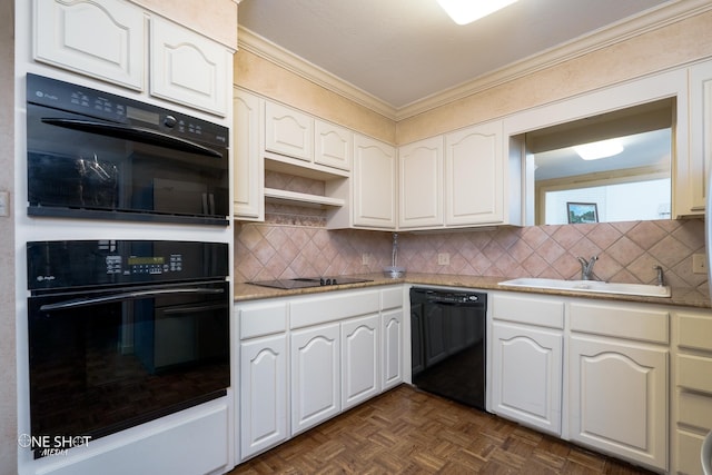 kitchen featuring black appliances, sink, backsplash, dark parquet flooring, and crown molding