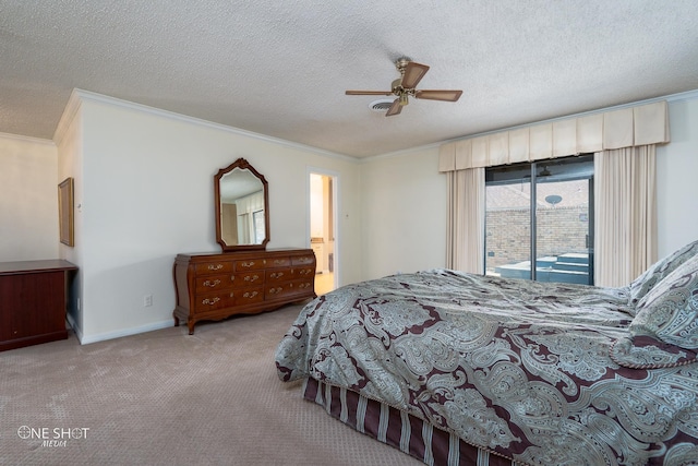 bedroom featuring light carpet, ceiling fan, a textured ceiling, access to exterior, and crown molding