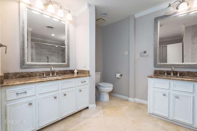 bathroom featuring vanity, ornamental molding, toilet, and walk in shower