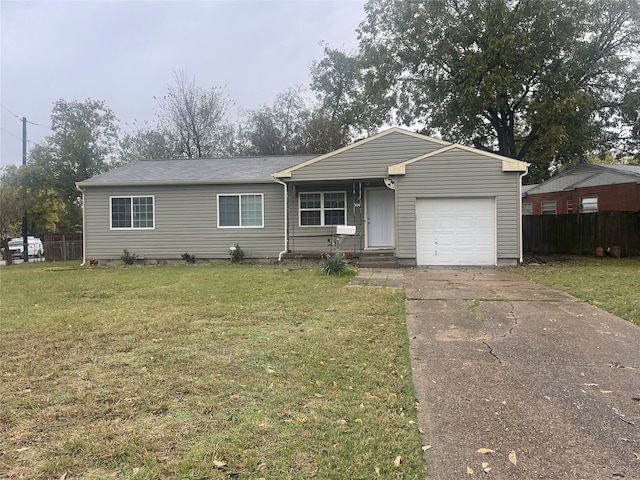 single story home featuring a front yard and a garage