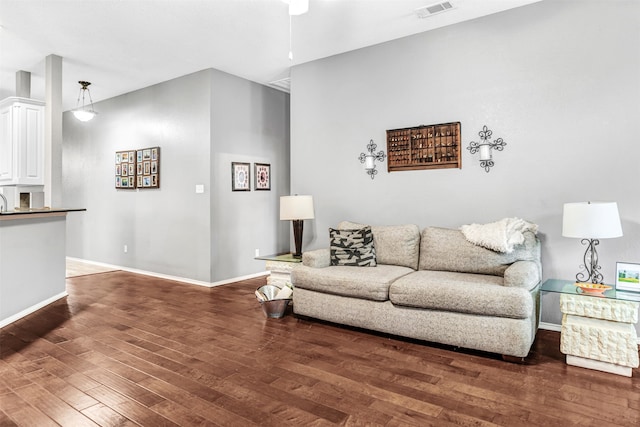 living room featuring dark wood-type flooring