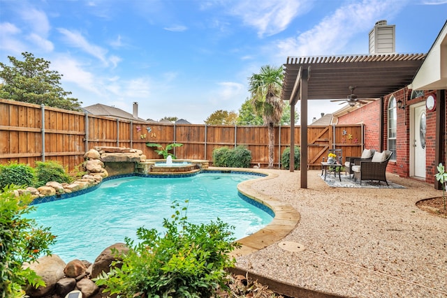 view of swimming pool with a patio area, an in ground hot tub, and ceiling fan