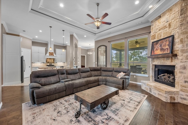 living room with ornamental molding, a stone fireplace, a tray ceiling, and dark hardwood / wood-style flooring