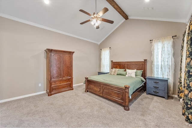 bedroom featuring beamed ceiling, light carpet, crown molding, high vaulted ceiling, and ceiling fan