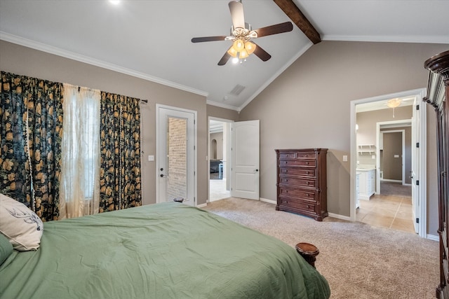 carpeted bedroom with connected bathroom, ornamental molding, lofted ceiling with beams, and ceiling fan