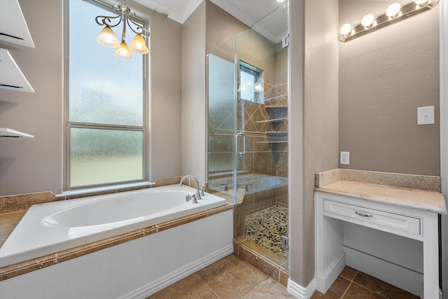 bathroom with independent shower and bath, crown molding, and plenty of natural light