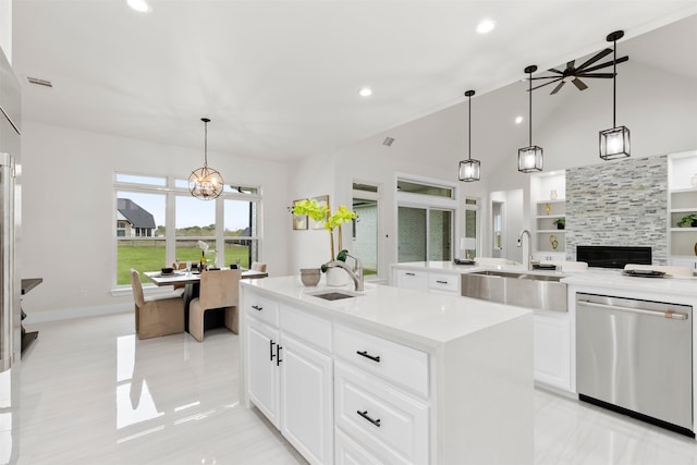 kitchen with a sink, a center island with sink, light countertops, and dishwasher