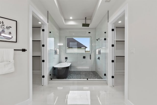 389 Arbor Mill Ct, Sunnyvale, TX 75182 - full bathroom featuring a stall shower, a freestanding tub, a spacious closet, recessed lighting, and tile patterned floors