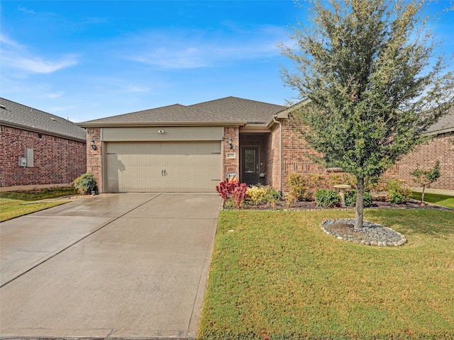 ranch-style home with a front lawn and a garage