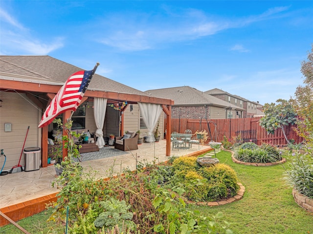 view of yard featuring a patio, a gazebo, and an outdoor hangout area