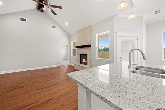 kitchen featuring a large fireplace, hanging light fixtures, light stone counters, dark hardwood / wood-style floors, and sink