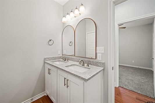 bathroom with vanity and hardwood / wood-style floors