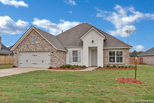 view of front of home with a front yard and a garage