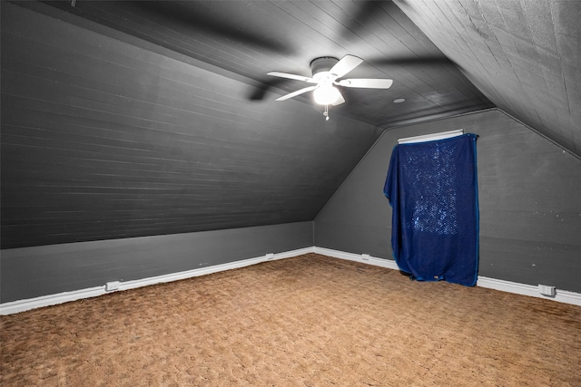 bonus room with ceiling fan, carpet flooring, vaulted ceiling, and wood ceiling