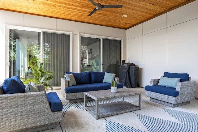 view of patio with ceiling fan, an outdoor hangout area, and a grill