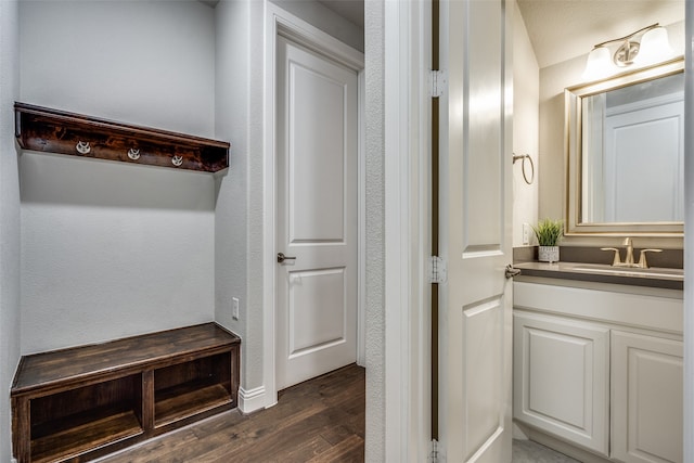 bathroom featuring vanity and hardwood / wood-style flooring